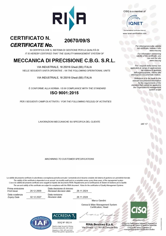 Certificato RINA ISO 9001:2015